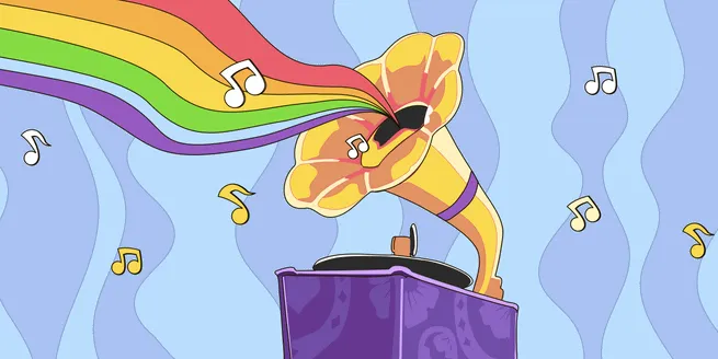 Vinyl Casino – kasyno online Gramofon z tęczą i nutami – ilustracja z promocji Vinyl Casino